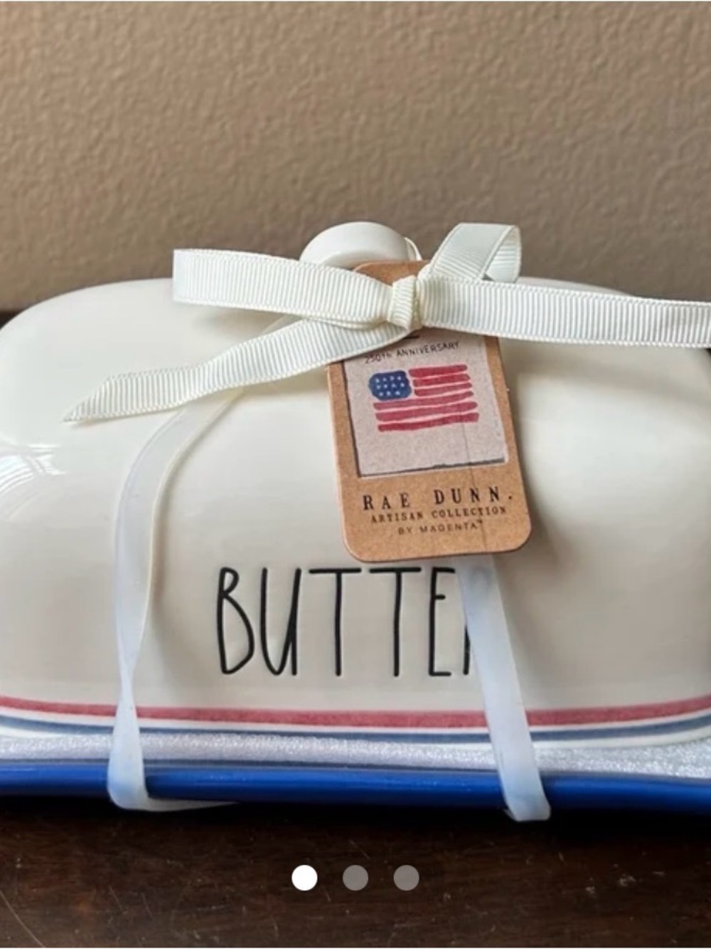 Rae Dunn Cream Butter Dish with Blue & Red Trim - Picture 2 of 4